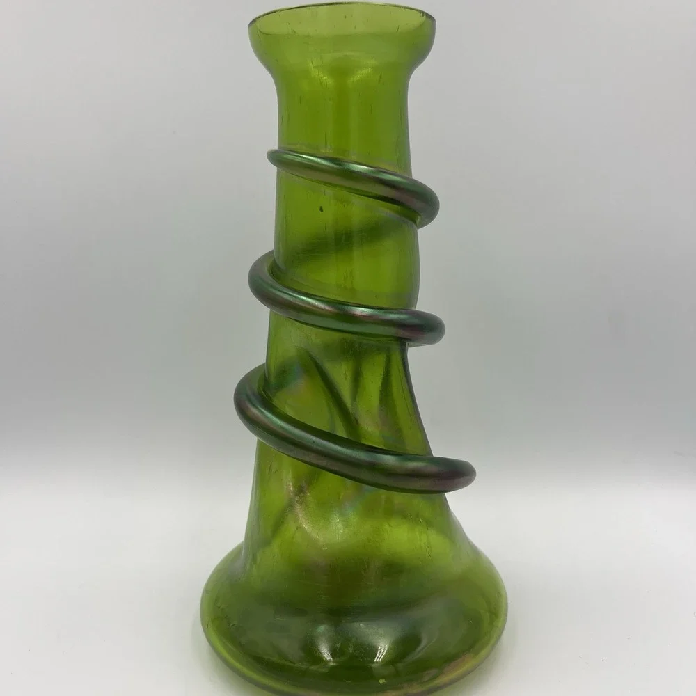 Antique Rindskopf‎ Snake Vase Bohemian Art Glass Olive Iridescent ca.1900